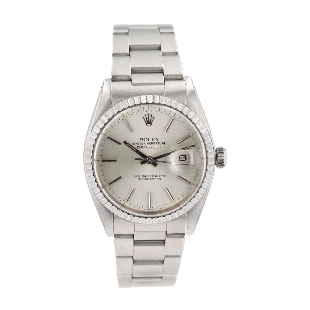Rolex Datejust  16030 36mm Silver Index Dial Engine-Turned Bezel Oyster Band